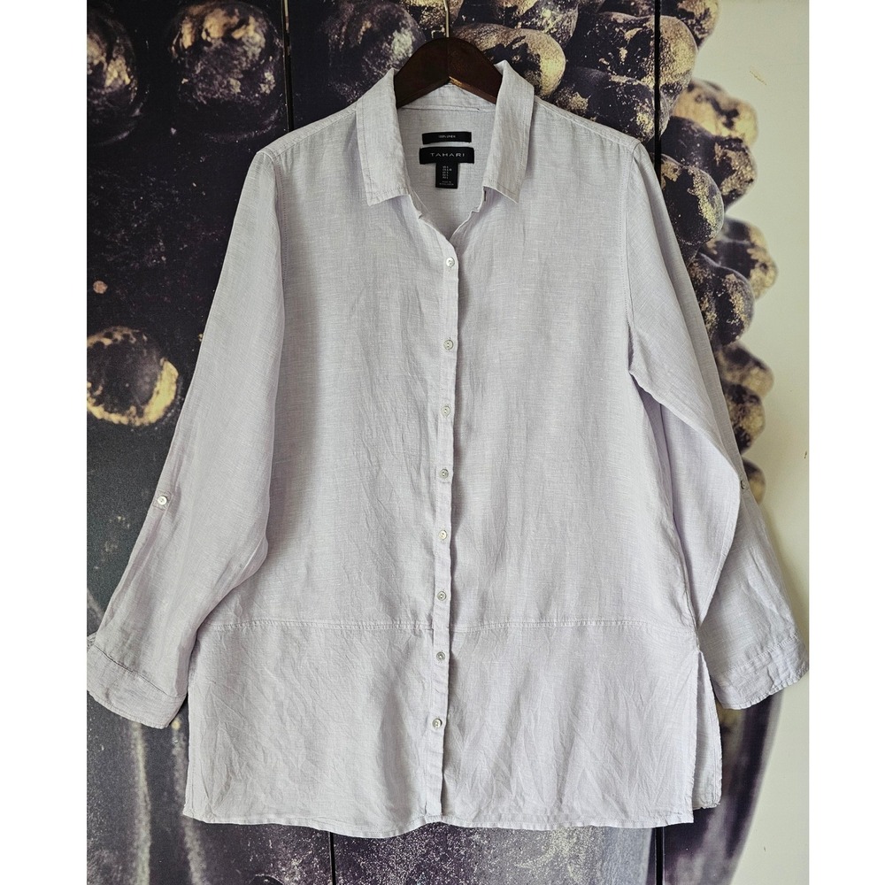 Tahari Womens 100% Linen Button Down Shirt Lilac Roll Tab Tunic Large